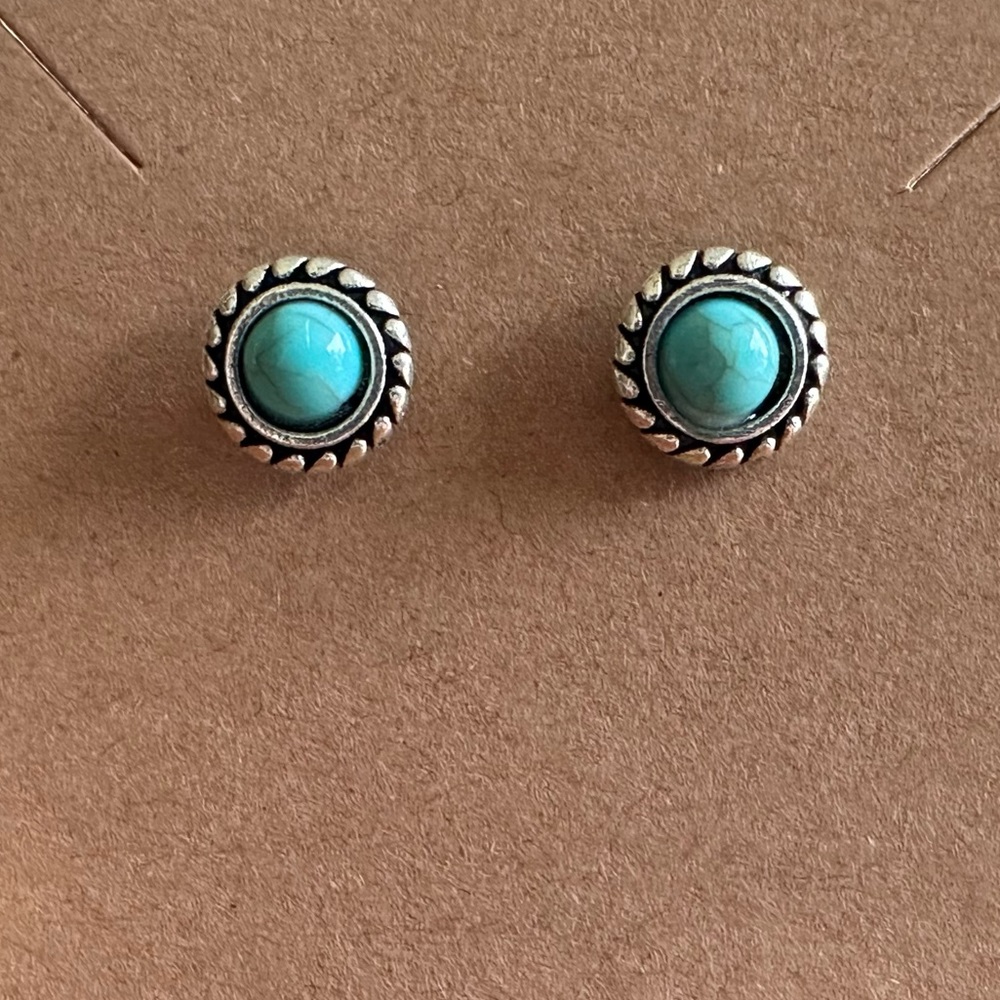 BOGO Turquoise Cabochon Decorate Scrolling Antique Silvertone Round Post Studs